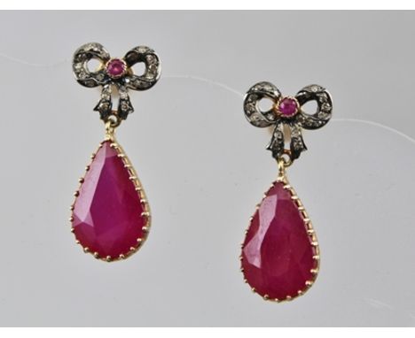 A PAIR OF RUBY AND DIAMOND BOW DROP EARRINGS 