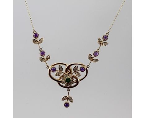 A 15CT GOLD DIAMOND, EMERALD, RUBY AND AMETHYST NECKLACE of Art Nouveau floral design, stamped 15ct 