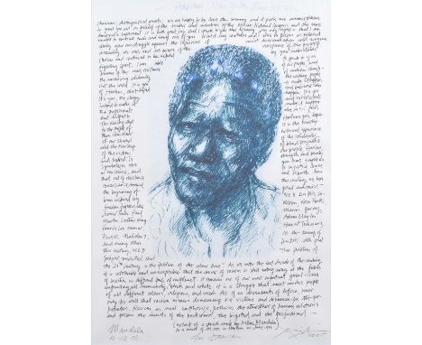 Harold Riley (British 1934-2023) "Nelson Mandela" Signed in pencil by both the artist and Nelson Mandela, dated 10.12.05, col