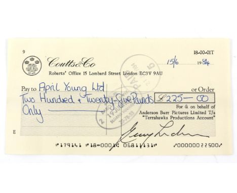Gerry Anderson - Original hand signed Coutts & Co cheque from 1984, stamped with a Terrahawk Bandai empty box (2). 