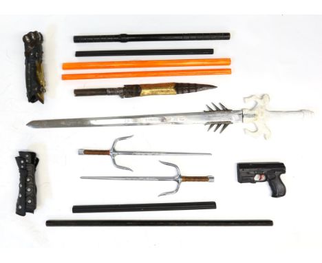 A collection of fantasy and prop armour and weapons including 2 ornate metal 'Elektra, Daredevil' daggers, a fantasy prop swo