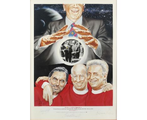 Football - 'The Sorcerer's Three Apprentices' limited edition print, signed by George Best, Bobby Charlton and Denis Law, and