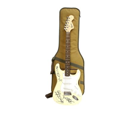 The Who - Fender Squier electric guitar guitar signed to front by John Entwistle, Pete Townshend and Roger Daltrey, cream Aff