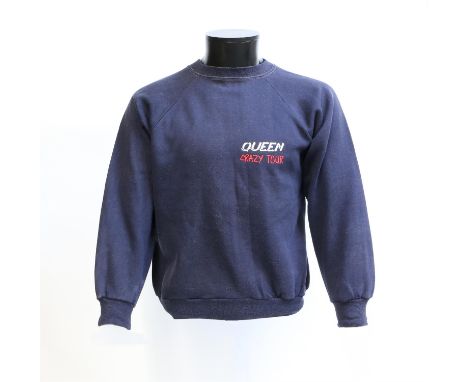 Queen - 'Crazy Tour' 1979 dark blue sweatshirt embroidered in white and red ' Queen Crazy Tour' Property of Peter Hince worn 