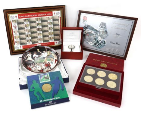 Rugby - 2003 world cup memorabilia commemorating England's win, to include sheet of Rugby Heroes stamps, Klaus-Kobec limited 