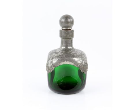The Lord of the Rings - green glass and metal vessel with metal and cork stopper, used as set dressing for Rivendell, 4 1/2 x