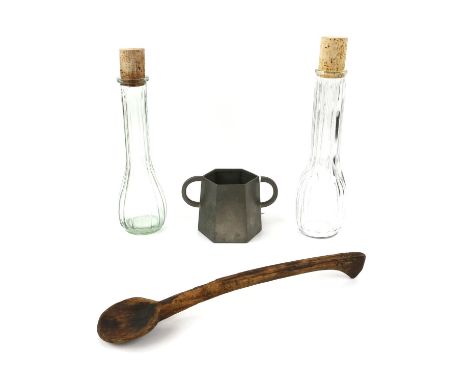 The Lord of the Rings - two clear glass vessels with cork stoppers, a wooden spoon and hexagonal tankard used as set dressing