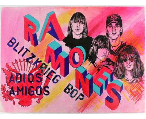 Ramones 'Blitzkrieg Bop Adios Amigos' - Original hand painted artwork on thick paper by John Judkins, signed and dated, flat,