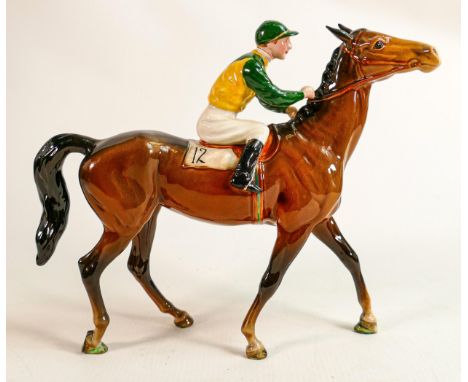 Beswick Jockey on Walking Horse 1037, jockey in white, green &amp; yellow colourway, No12 detail noted on darker brown horse.