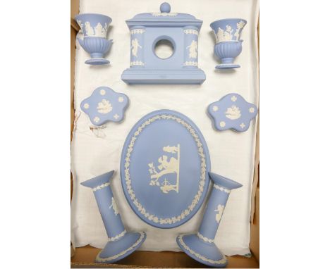 A collection of Wedgwood Blue Jasper Ware including  candlesticks, dressing table tray, lidded boxes, vases, mantle clock etc