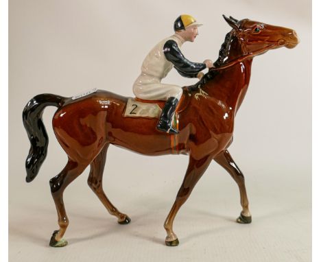 Beswick Jockey on Walking Horse 1037, jockey in black, white &amp; light blue colourway, No2 detail noted on darker brown hor