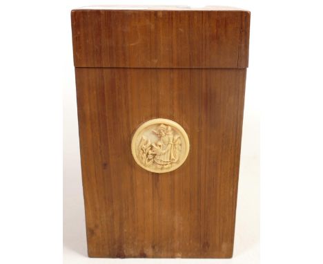 Vintage Wooden Tea Caddy with liner, decorative Dutch theme round carved lozenge noted to front, height 16cm (some splits not