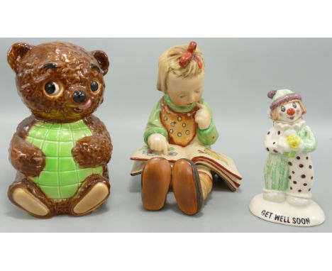 Hummel Figure Bookworm 904(restored), Beswick Clown Figure Get Well Soon &amp; Goebel Teddy Bear Money Box(3) 