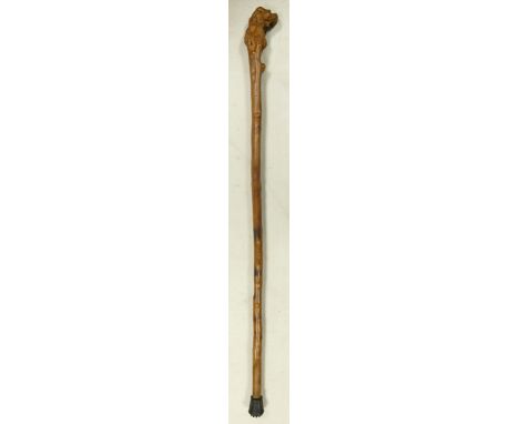 Antique Gnarled Root wood Stick with Carved Otter Theme Handle , length 88cm 