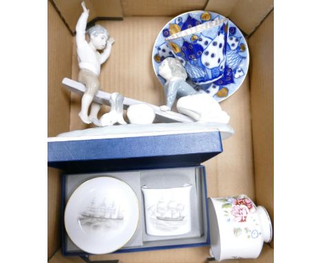 A mixed collection of items to include Lladro figure of Children Paying on Seesaw, Boxed Royal Worcester Clipper Ship Theme i