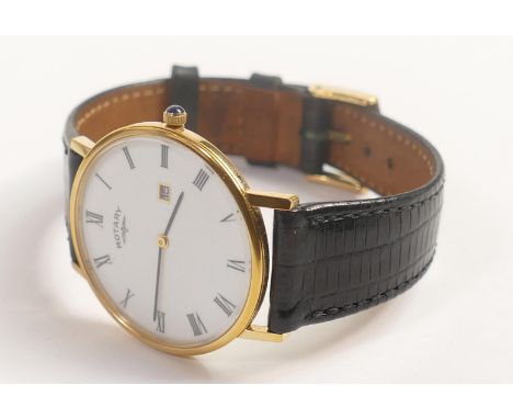 Rotary gold plated gentleman's wristwatch, leather strap, boxed with International Guarantee. 