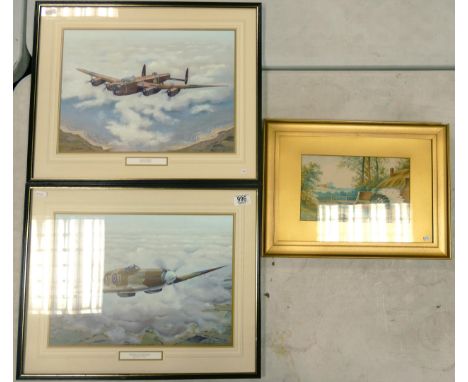 Two Raf Theme Prints together with Framed F L Clewes Watercolour, largest 42. 5cm x 52.5cm(3) 