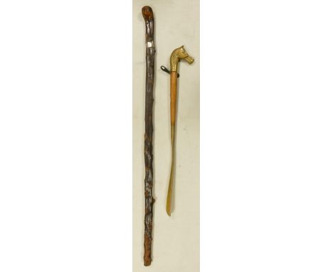 Antique Gnarled Root wood Stick, length 89cm &amp; brass mounted Shoe Horn 