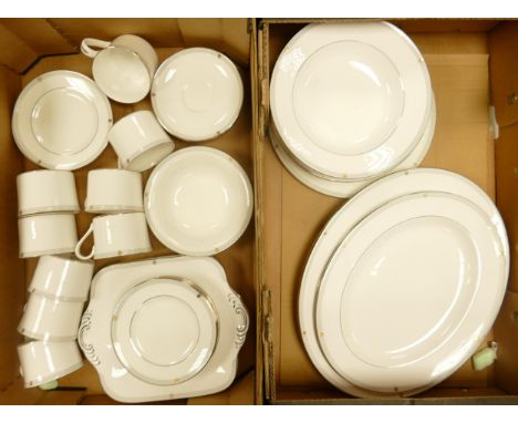 Spode Opera Platinum patterned items to include non matching cups &amp; saucers, cake plates, shallow bowls platters etc 