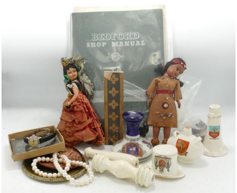 A mixed collection of items to include Bedford TA shop manual, vintage dolls, toilet pulls, ladies watch etc 