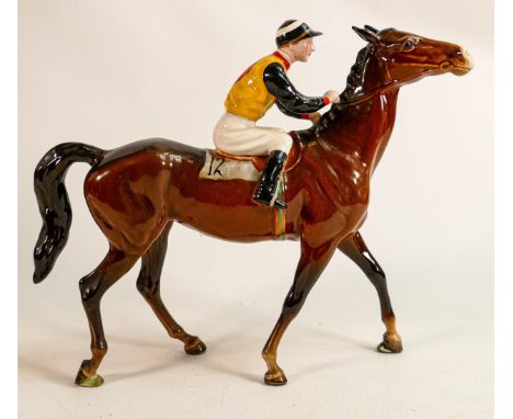 Beswick Jockey on Walking Horse 1037, jockey in black, yellow &amp; red diamond colourway, No12 detail noted on lighter brown