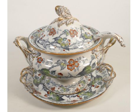 Large Floral Decorated 19th Century Tureen &amp; Stand with ladle, height 30cm 