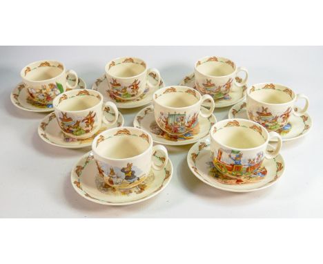 Royal Doulton Bunnykins unmatched Stratford shaped cups &amp; saucers. (8) 