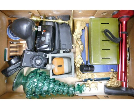 A mixed collection of items to include 35mm camera, meerschaum type pipe, metal money box etc 