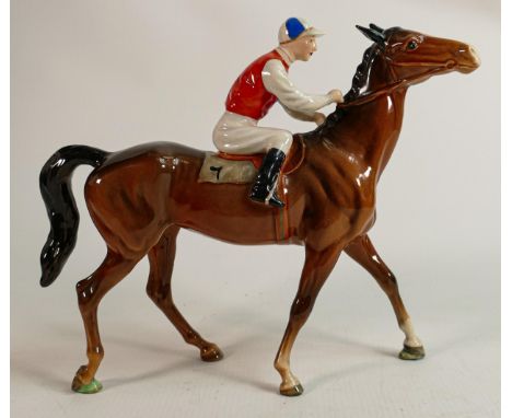 Beswick Jockey on Walking Horse 1037, jockey in white, red &amp; blue colourway, No7 detail noted on lighter brown horse. 