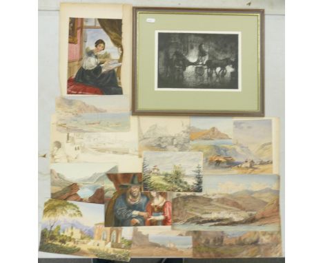 A collection of unmounted  watercolours with landscape &amp; portrait theme's together with framed Orlando Greenwood print et
