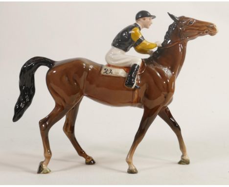 Beswick Jockey on Walking Horse 1037, jockey in black &amp; yellow colourway, No24 detail noted on darker brown horse. 