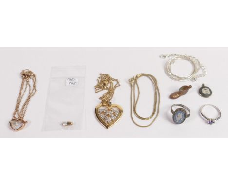 Collection of jewellery including 9ct gold &amp; white stone tiny pendant, silver gilt sterling silver chain &amp; pendant, g