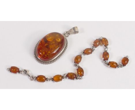 Hallmarked silver large faux amber set pendant, and similar bracelet (needs single silver jump ring to repair).  Pendant meas