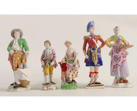 Five continental figures in the style of Meissen, chips to the tray, damage to yellow hat and petal damage, thumb missing on 
