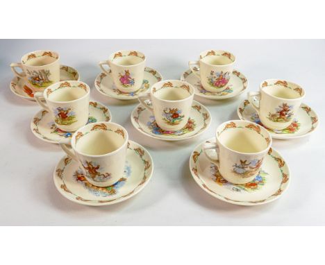 Royal Doulton Bunnykins unmatched Casino shaped cups &amp; saucers, one Barbara Vernon set noted. (8) 