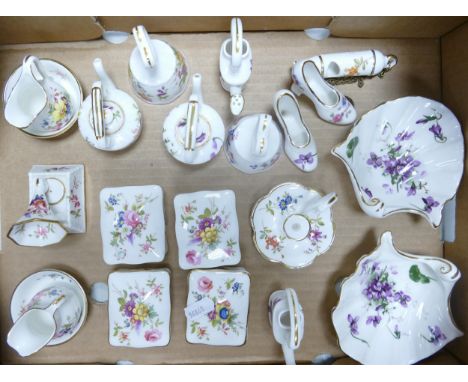 A collection of Floral Hammersley miniatures including jug &amp; bowl set, kettles, bells , lidded boxes etc 