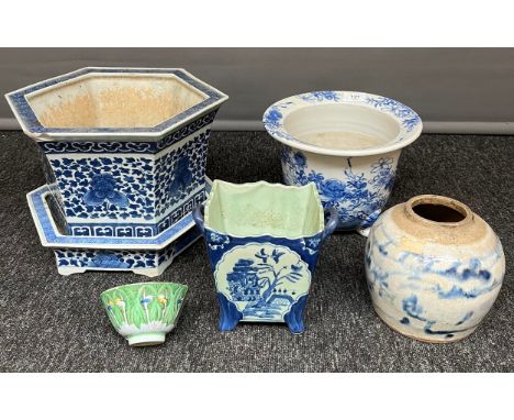 A Collection of antique Chinese porcelain wares, includes large planter and matching drip tray, Blue and white hand painted f