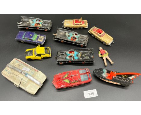 A Selection of vintage playworn dinky and corgi models to include batman models, James bond Austin martin models and man from