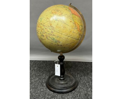 An Antique/ vintage 'Geographia' 10inch Terrestrial Globe on turned wooden stand. [46cm high, 25cm diameter] 