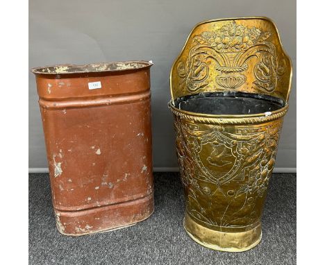 A Large ornate gilt brass coal scuttle together with a metal umbrella stick stand. [76cm high] 