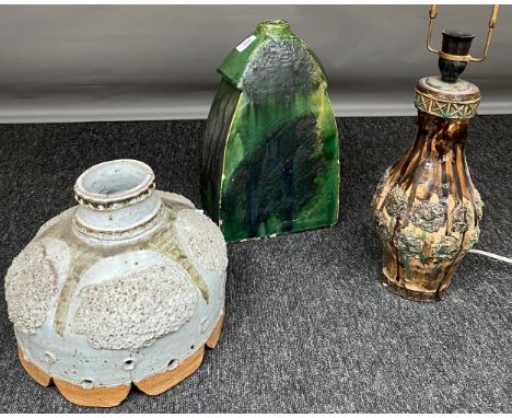 Three various pottery items to include large green glaze pottery vase, glazed grey pottery shade and brown glaze pottery tabl