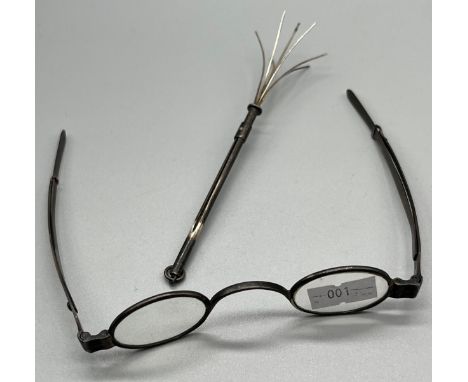 A Pair of Georgian Birmingham silver spectacles. Together with a sterling silver cocktail swizzle stick. 