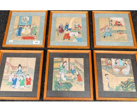 A Lot of 6 vintage Chinese silk paintings depicting group figures[Frame 25x23cm] 