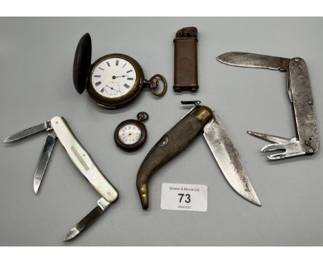 A Lot of three vintage pocket knives, Vintage military style lighter and two pocket watches. 