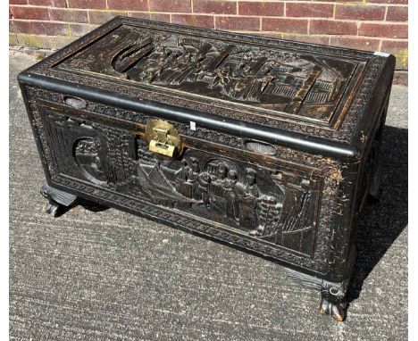 A Vintage hand carved panelled oriental Camphour wood chest. [53x90x48cm] 