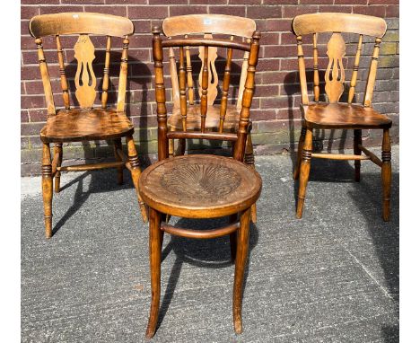 A Lot of three rustic antique style farmhouse dining chairs together with a vintage bentwood cafe chair. [87cm high] 
