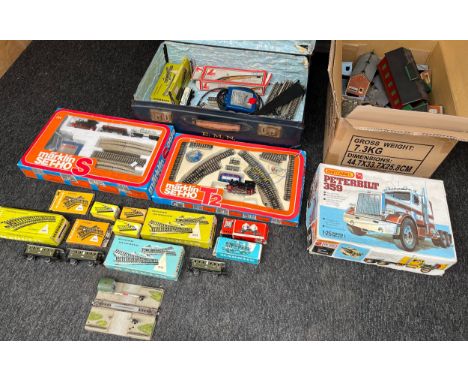 A Collection of vintage Marklin train sets , loose train track, boxed train track, Heljan buildings and a Matchbox Peterbilt 