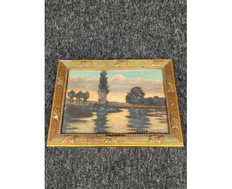Albert Moulle A Framed river landscape at sunset, Oil on panel, signed. Fitted within a gilt frame. [25x32.5cm] 