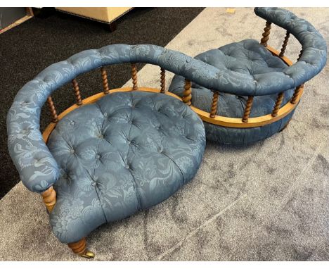 A 19th century Conversation/ love seat. Barley twist supports with blue material button design. 