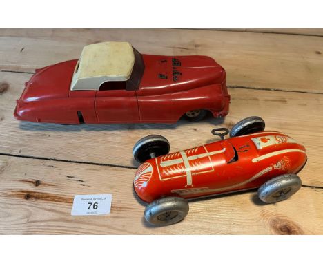 Two vintage Marx toys. Tin plate clock work racing car- working. Fire Chief plastic car [chief- 25cm in length, racing- 18cm 